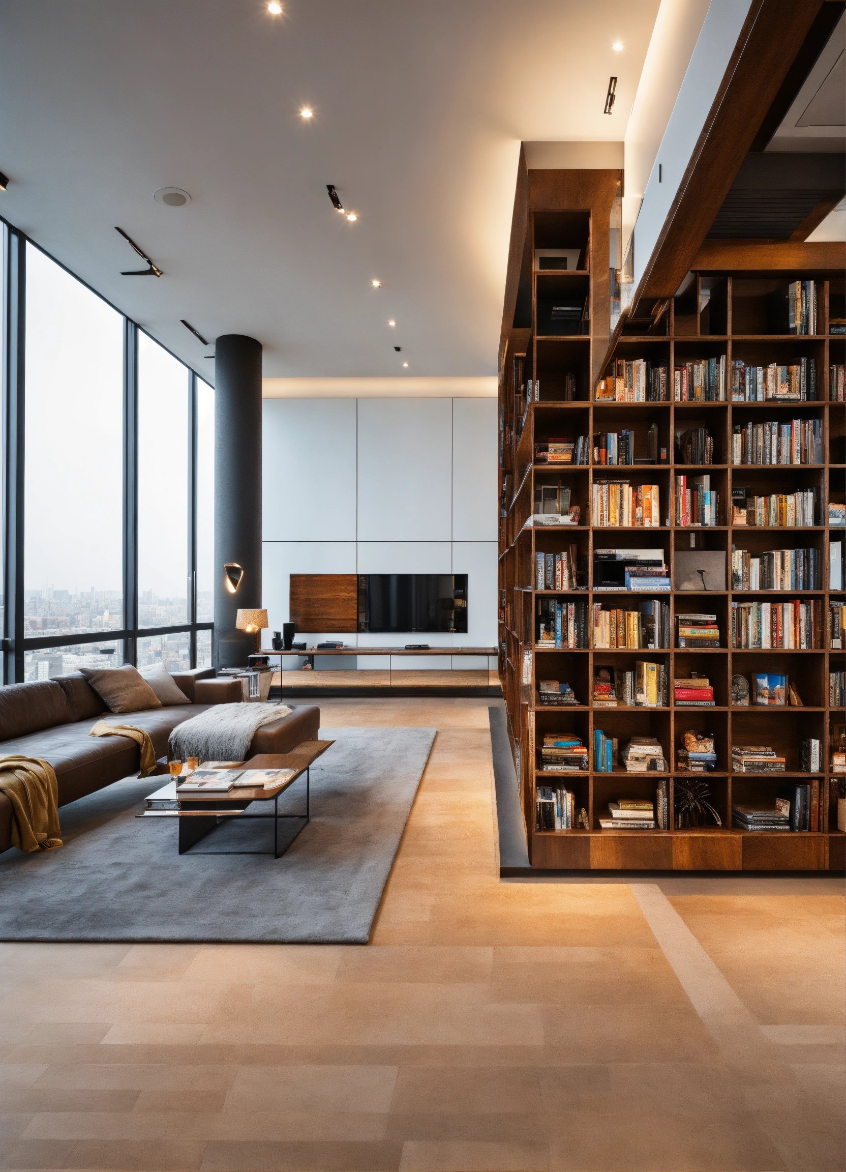 modern luxury penthouse with contemporary bookshel